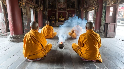 Spiritual Monks Meditating in Ancient Temple