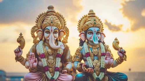 Divine Ganesha Sculptures at Dusk