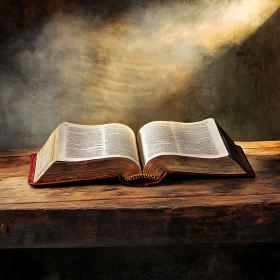 Aged Open Book on Wooden Table with Gentle Light Beam