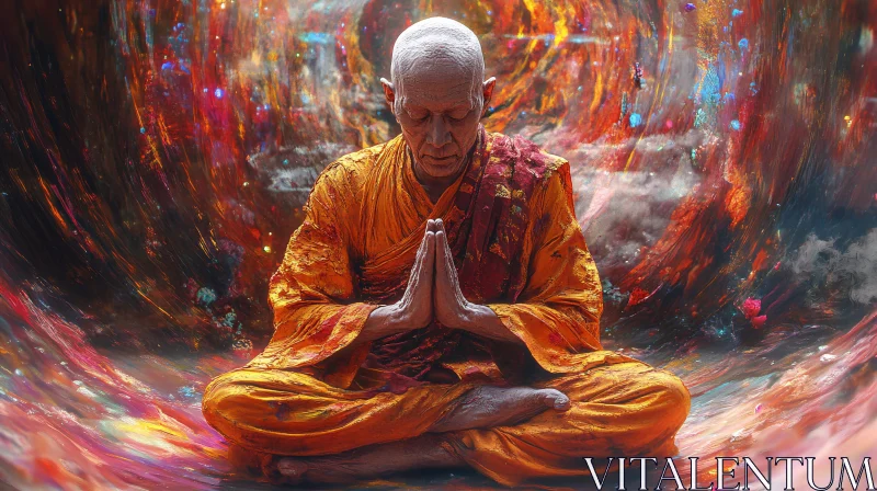 Elderly Monk in Meditation amidst Colorful Abstract Art AI Image