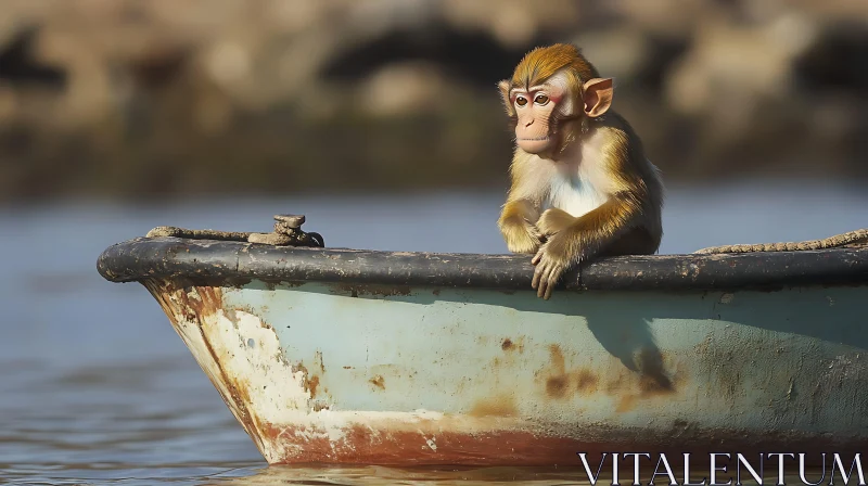 Monkey Perched on Boat in Calm Water Scene AI Image