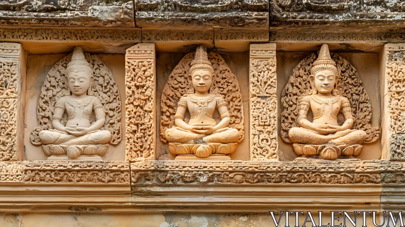 AI ART Serene Buddha Statues in Sandstone Temple Wall