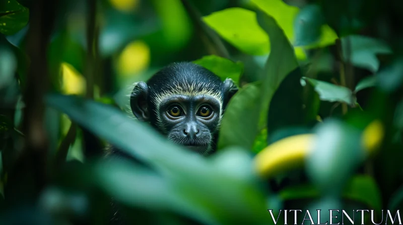 AI ART Curious Young Monkey Amongst Jungle Foliage