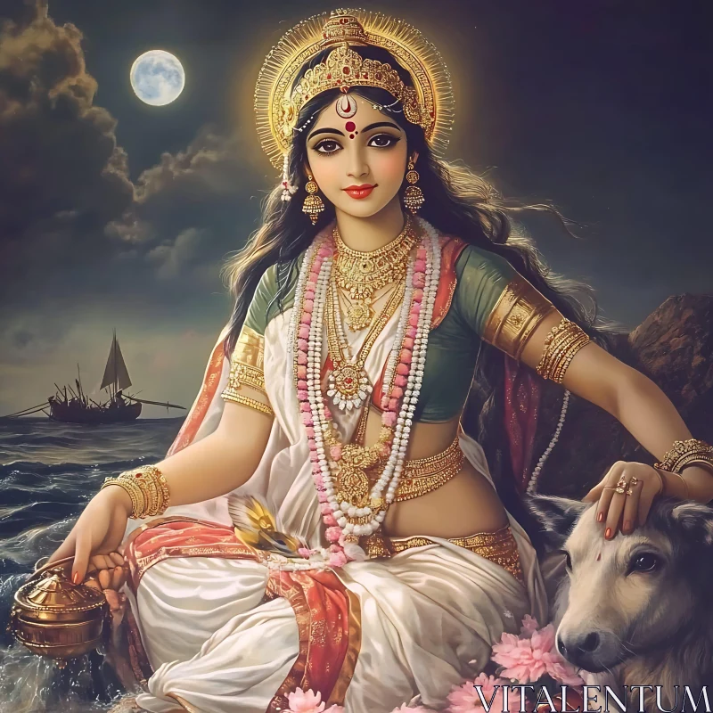 Moonlit Hindu Deity with Traditional Attire AI Image