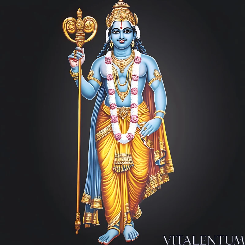 Sacred Hindu God with Blue Skin and Golden Jewelry AI Image