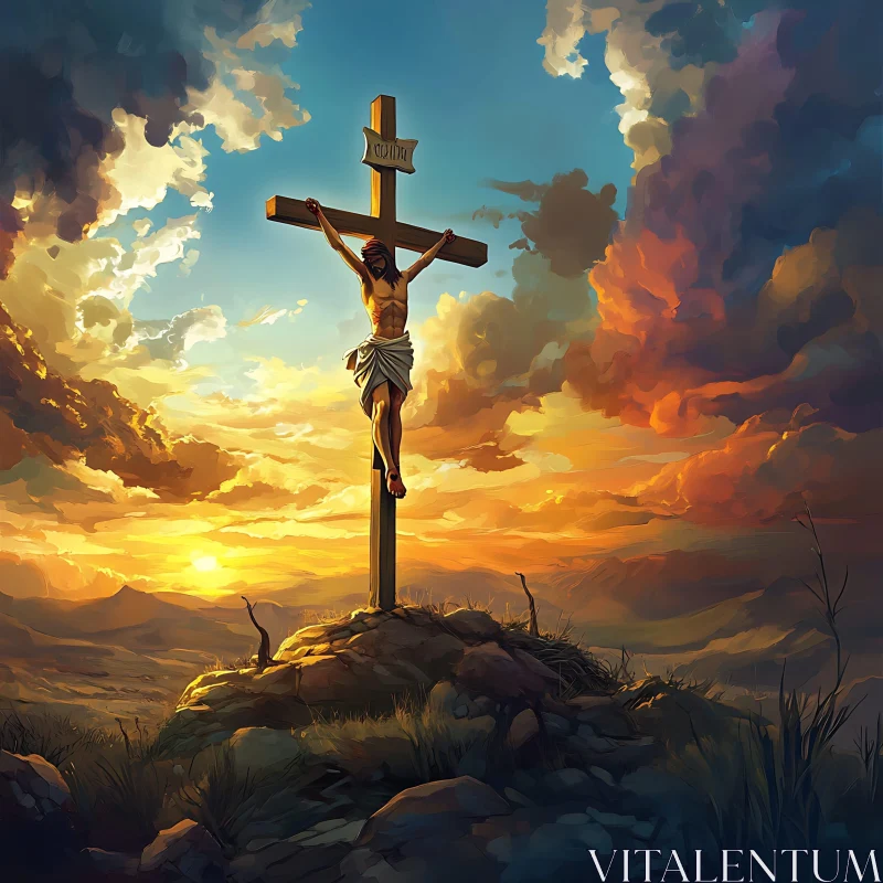 Crucifixion on Rocky Hill During Sunset AI Image