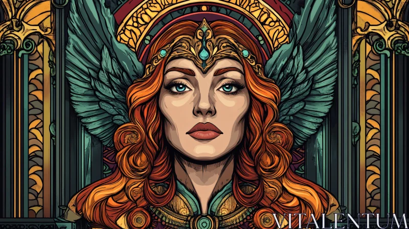 Intricate Fantasy Illustration of a Red-Haired Woman with Wings AI Image