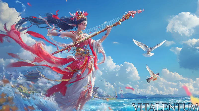 AI ART Serene Goddess Playing a Harp by the Ocean