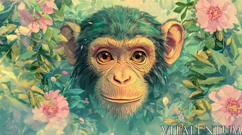 Monkey Illustration with Flowers and Greenery AI Image