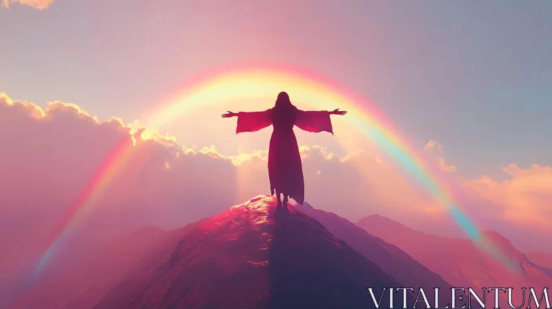 Ethereal Scene of Figure on Mountain with Rainbow AI Image