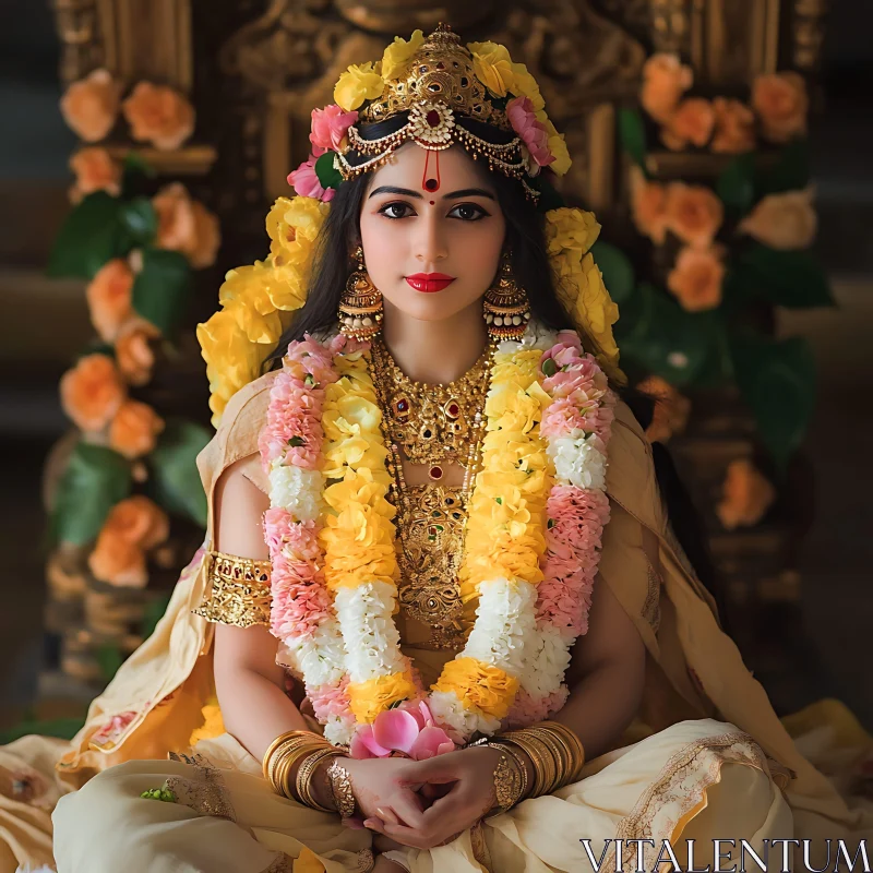 AI ART Traditional Woman Portrait with Flowers