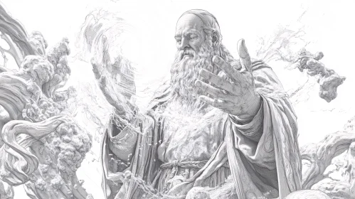 Monochrome Illustration of a Wizard in Action