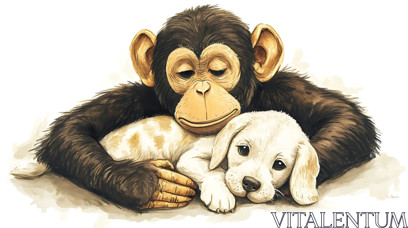 AI ART Baby Monkey and White Puppy in a Heartwarming Embrace