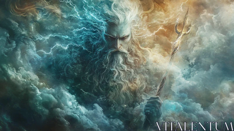 Storm God Wielding Trident Amidst Clouds AI Image