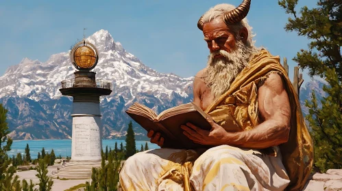 Horned Giant Absorbed in Reading by Scenic Lake