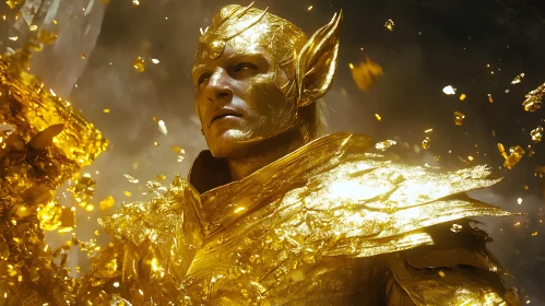 Golden Armored Figure Amidst Flying Shards