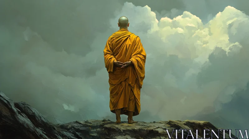 Monk in Saffron Robe at Mountain's Edge AI Image