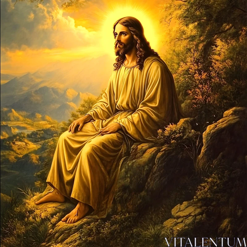 Peaceful Depiction of Jesus with Sunset Background AI Image