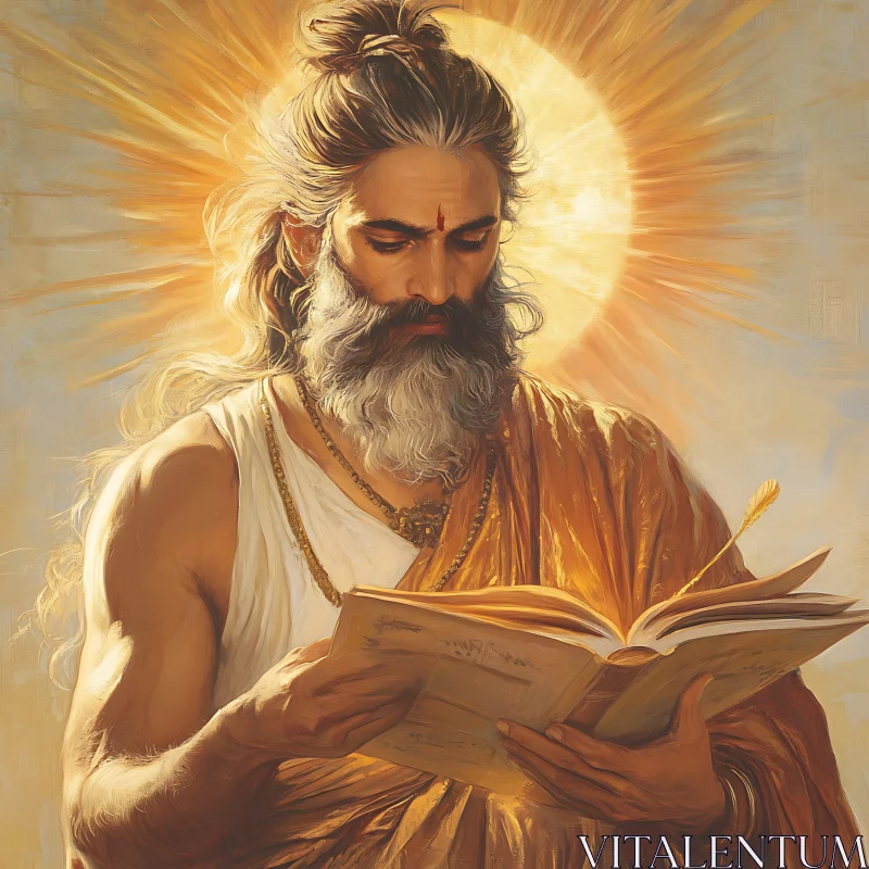 Sage Reading Sacred Texts, Surrounded by Radiant Halo AI Image