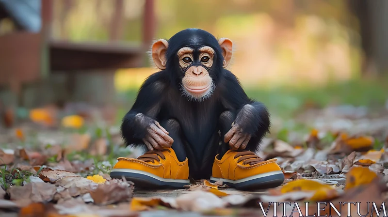 Cute Monkey with Orange Shoes in Autumn Forest AI Image