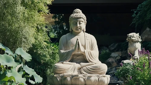 Tranquil Garden with Meditative Buddha Statue