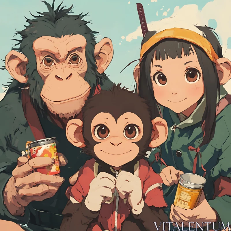 Cheerful Illustration of Monkeys and a Kid with Cans AI Image