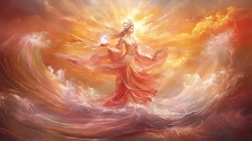 Mystical Goddess in Flowing Orange Robes with Radiant Light