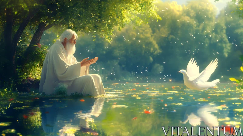 Tranquil Scene of Elderly Man and Dove by Lake AI Image