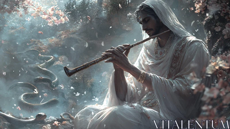 Serene Flutist in Mystical Woodland AI Image