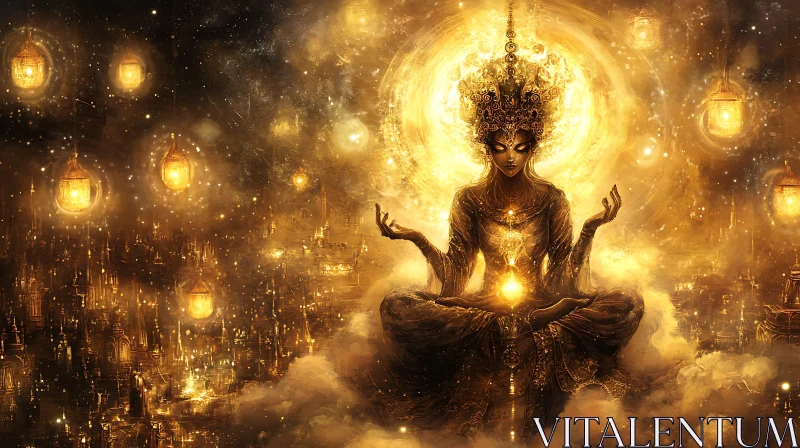 Golden Deity Meditation in Celestial City AI Image