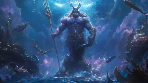 Underwater Mythological Sea God with Trident