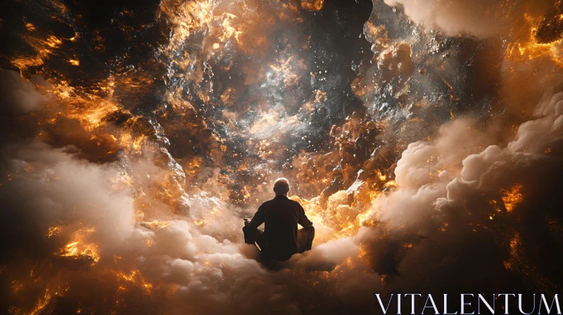 AI ART Spiritual Meditation Amidst Cosmic Fire and Clouds