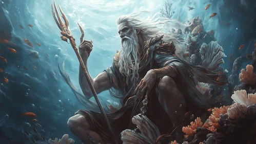 Sea God Holding Trident Amidst Coral Reefs