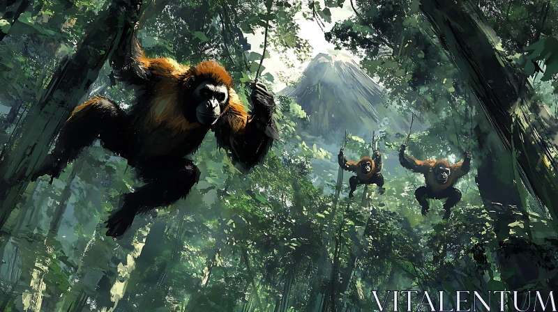 Dynamic Jungle Scene with Swinging Orangutans AI Image