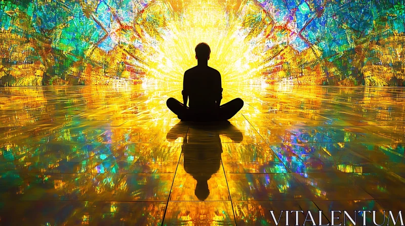 Meditative Silhouette with Colorful Abstract Light AI Image