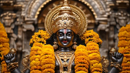 Ornate Hindu Deity Statue with Golden Headdress and Garlands