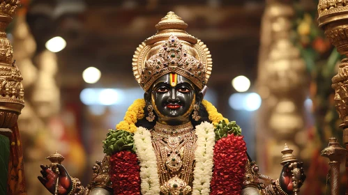 Ornate Deity Statue with Golden Ornaments and Garlands