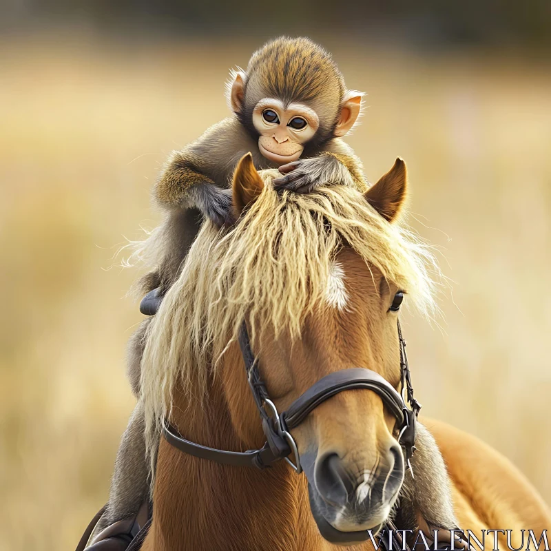 AI ART Monkey Riding Horse in Natural Setting