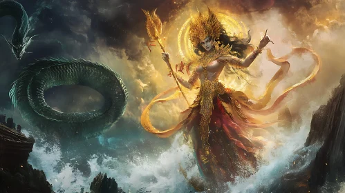 Mythical Goddess with Dragon in a Stormy Ocean