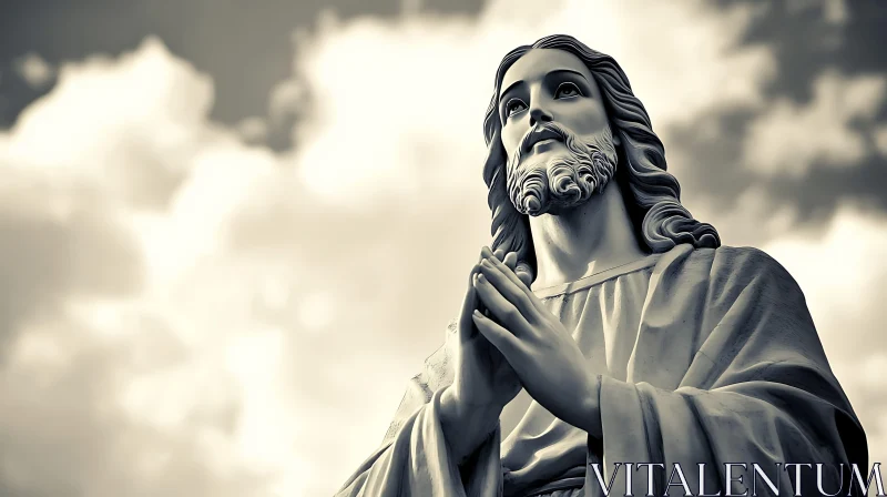 Spiritual Figure in Prayer with Cloudy Backdrop AI Image