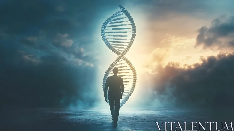 AI ART Silhouetted Man Approaching DNA Helix Amidst Clouds