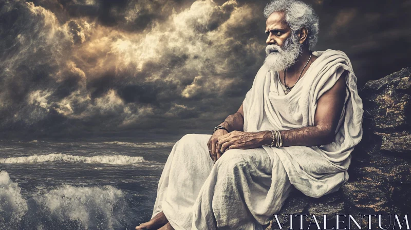 Contemplative Elder by the Sea AI Image