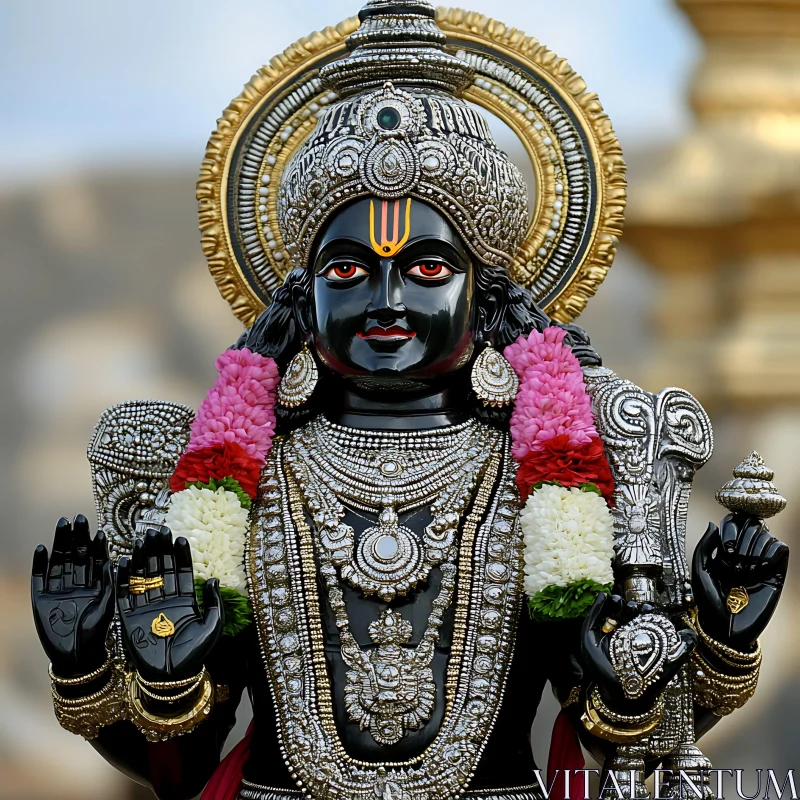 Ornate Hindu Deity Sculpture Adorned with Flowers AI Image