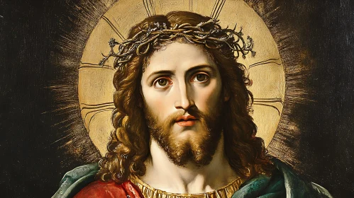 Painting of Jesus Christ with Radiant Halo and Crown of Thorns