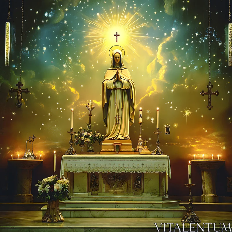 Holy Figure on a Glowing Church Altar AI Image