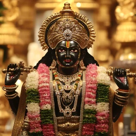 Intricately Designed Deity Statue with Golden Ornaments and Garlands