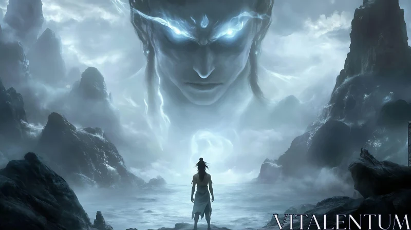 Epic Fantasy Scene with Glowing Giant Head AI Image