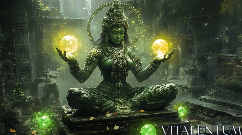 Enigmatic Goddess in Meditation Surrounded by Orbs AI Image