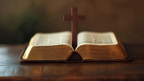 Open Bible with Cross Inside on Wooden Table