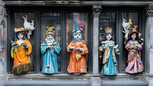 Festively Adorned Dolls on Store Display